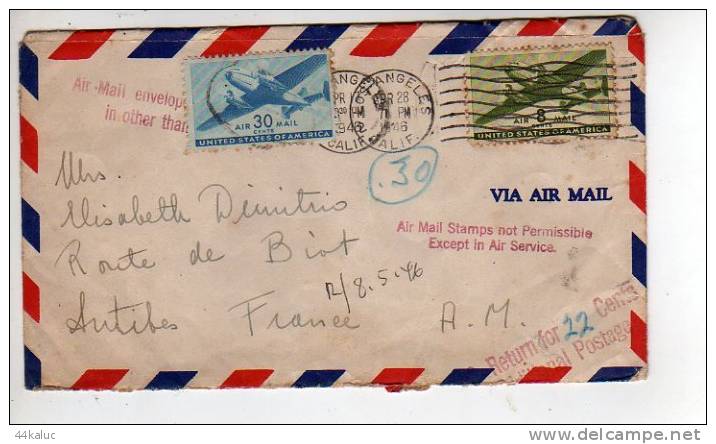 Enveloppe De LOS ANGELES Pour La France  En 1946 Et Retounée  Pour 22 Cents D´affranchissement (scans Recto Et Verso) - Poststempel