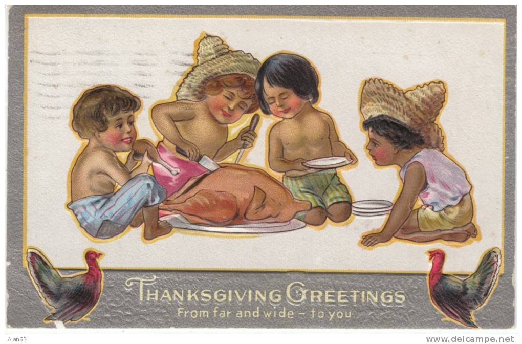 Thanksgiving Greetings From Far And Wide, Boys Carve Turkey, C1900s/10s Vintage Embossed Postcard - Thanksgiving