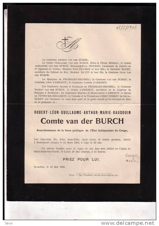 CONGO Robert Comte VAN DER BURCH Sous-lieutenant Force Publique Etat Indépendant Mort à BOMOKANDI 1903 25 Ans Doodsbrief - Autres & Non Classés