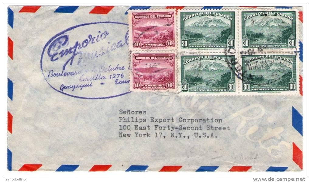 ECUADOR/EQUATEUR - AIR MAIL COVER TO USA 1947 / BLOCK OF 4 STAMPS - Ecuador