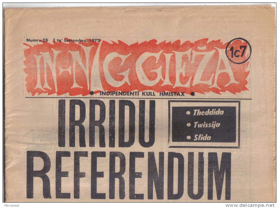 MALTA - ( IN- NIGGIEZA ) FULL NEWS PAPER /   1st SEPTEMBER  1972 / - Unclassified