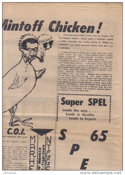 MALTA - ( IN- NIGGIEZA ) FULL NEWS PAPER /   1st SEPTEMBER  1972 / - Non Classés