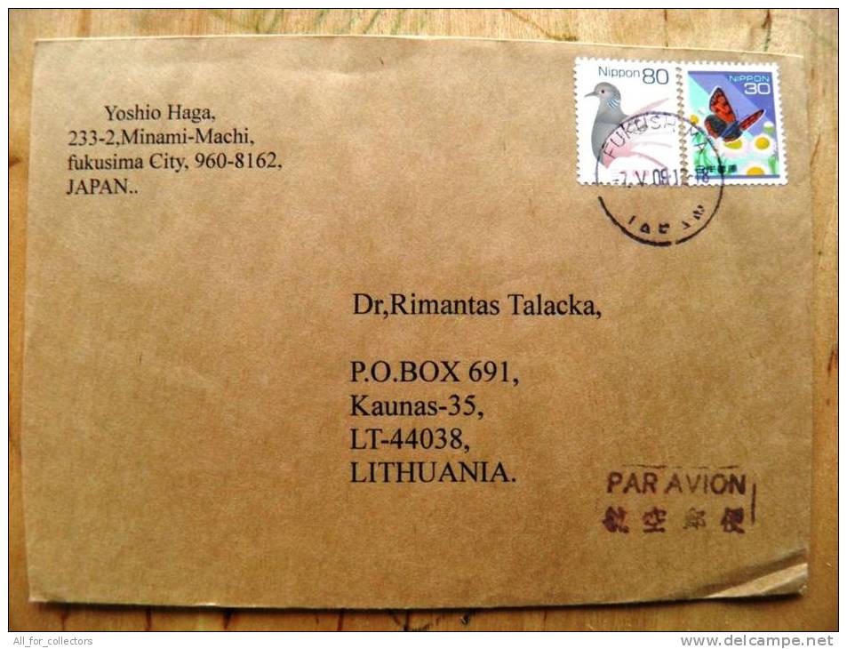 Cover Sent From Japan To Lithuania, Animals Bird Butterfly - Covers & Documents