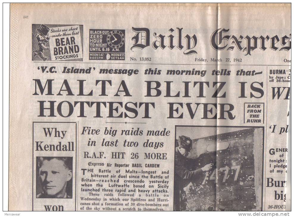 MALTA - (   DAILY EXPRESS   ) FULL NEWS PAPER /  27 MARCH 1942 - Krieg/Militär