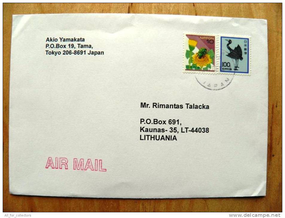 Cover Sent From Japan To Lithuania, Animals Bird Insect - Storia Postale