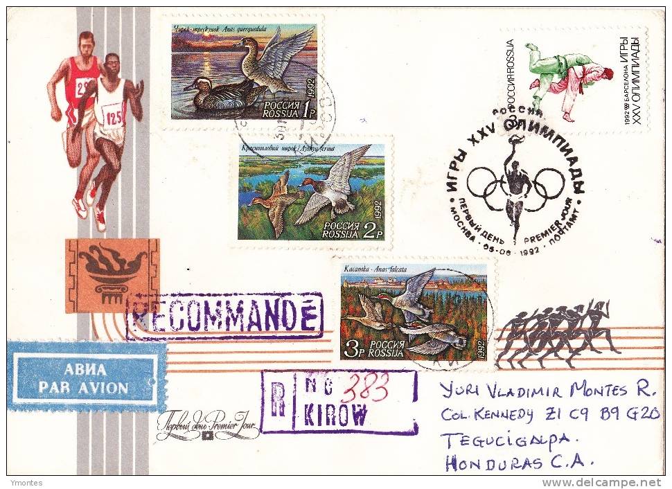 Registered Cover Kirov To Honduras 1992 ( Duck And Barcelona 92 Stamps) - Lettres & Documents