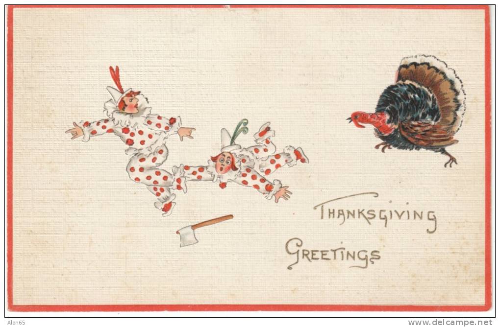 Thanksgiving Greetings Turkey Chases Clowns Harlequin, Music Score On Back, C1910s Vintage Postcard - Thanksgiving