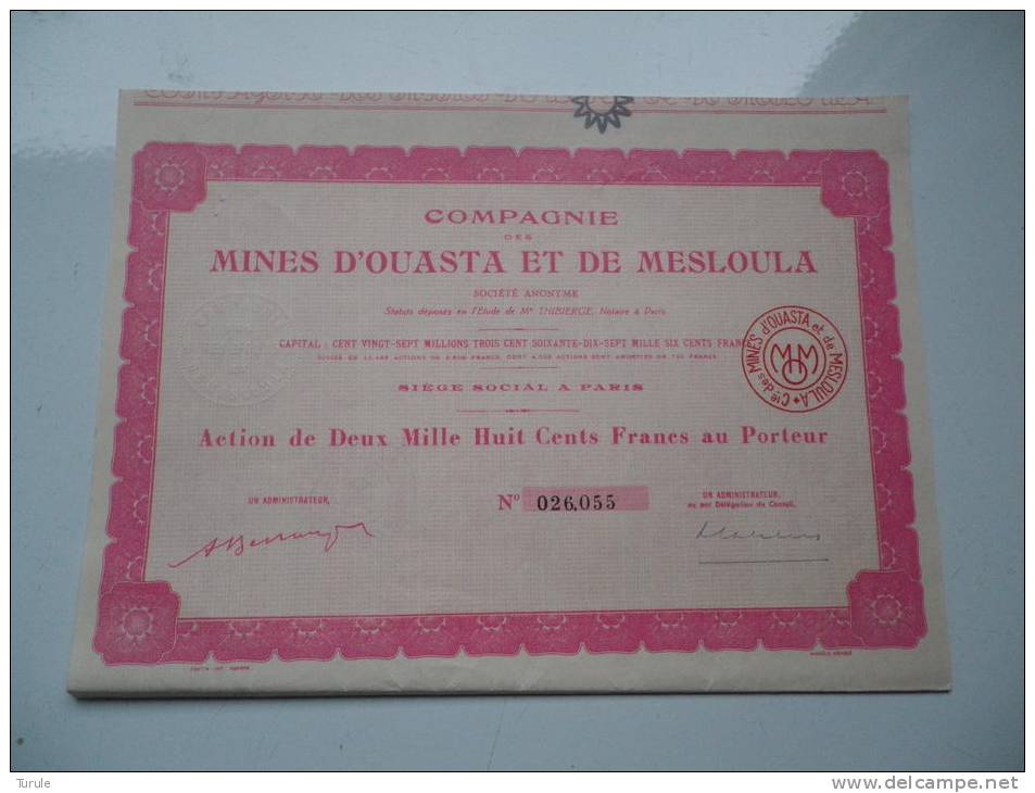 MINES D´OUASTA ET DE MESLOULA (algerie) 2800 Francs - Autres & Non Classés