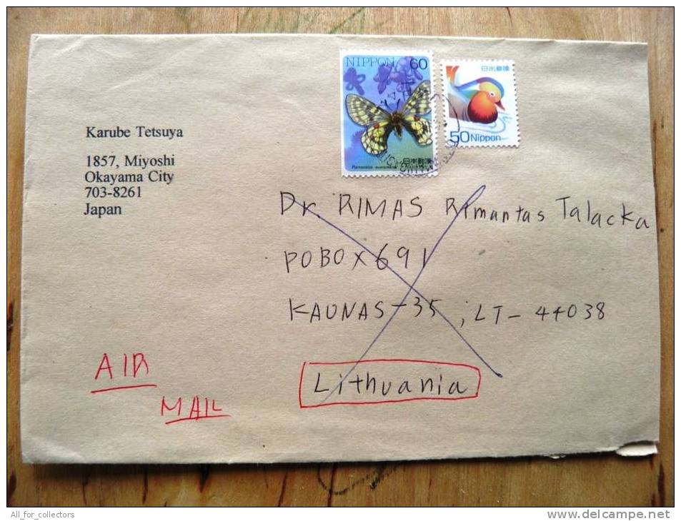 Cover Sent From Japan To Lithuania, 2012 Butterfly Animals Bird Duck - Briefe U. Dokumente