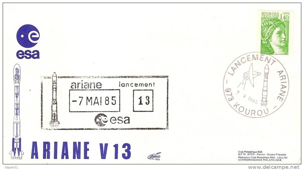 ARIANEV13 Enveloppe Illustrée + Cachet Officiel Oblitération KOUROU Du 7/5/1985 - Europe