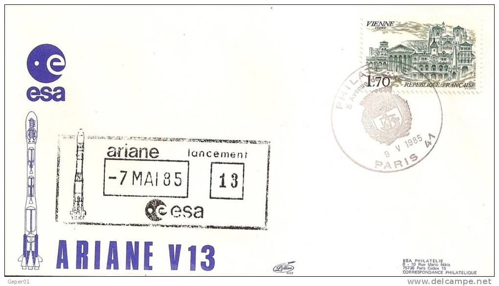 ARIANEV13 Enveloppe Illustrée + Cachet Officiel Oblitération PARIS Du 7/5/1985 - Europe