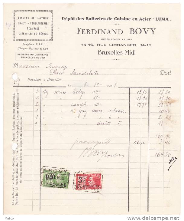 FERDINAND BOVY 14-16- RUE LIMNANDER BRUXELLES MIDI - ARTICLES DE FANTAISIE EMAUX FERBLANTERIE....... - 1900 – 1949
