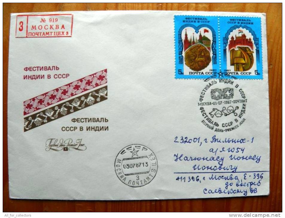 Cover Sent From Russia To Lithuania USSR, 1987, Registered, Festival India FDC Cancel - Storia Postale