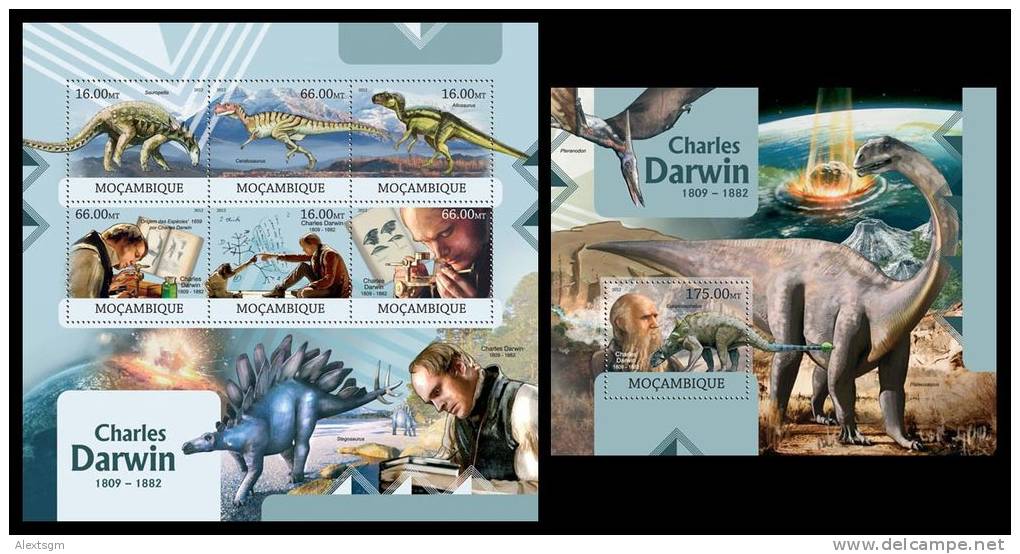 MOZAMBIQUE 2012 - Charles Darwin, Dinosaurs, Meteorits M/S + S/S. Official Issue - Sterrenkunde