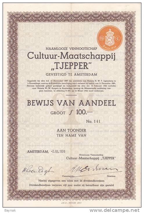 NEDERLAND  --  CULTUUR - MAATSCHAPPIJ  ,,  TJEPPER ,,  -  1936 - Sonstige & Ohne Zuordnung