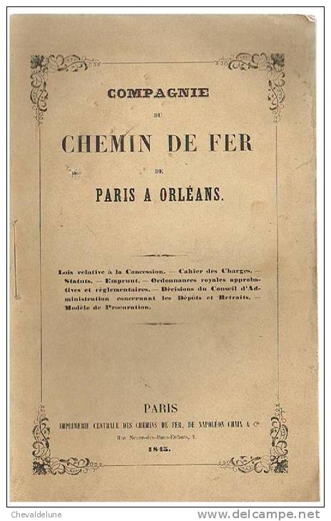 COMPAGNIE DE CHEMIN DE FER DE PARIS A ORLEANS - 1845 - - Chemin De Fer & Tramway