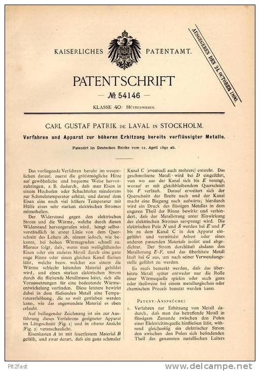 Original Patentschrift - C.G. Patrik De Laval In Stockholm , 1890 , Apparat Zum Erhitzen Von Metall , Eisen , Hochofen ! - Historische Dokumente