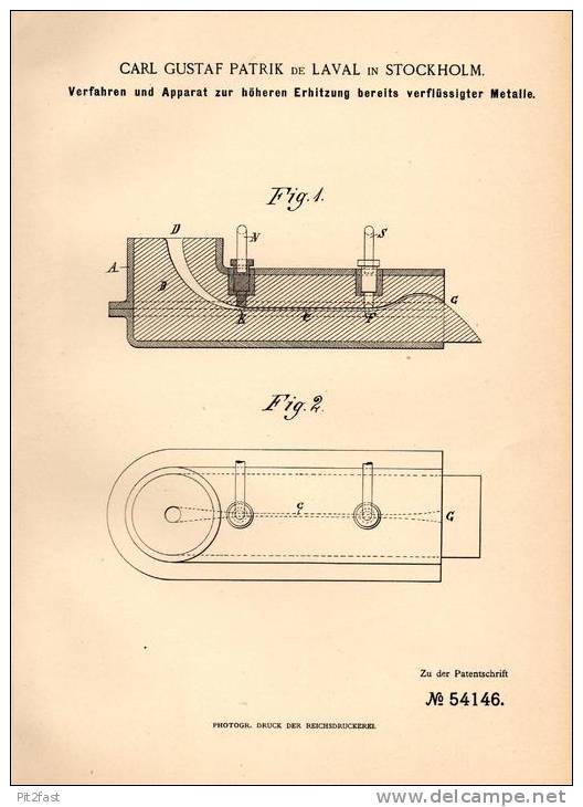 Original Patentschrift - C.G. Patrik De Laval In Stockholm , 1890 , Apparat Zum Erhitzen Von Metall , Eisen , Hochofen ! - Historische Dokumente