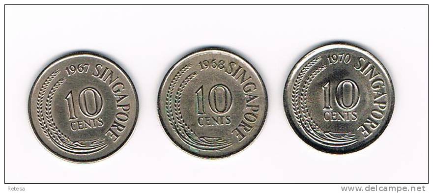 SINGAPORE  3 X 10  CENTS 1967/68/70 - Singapour