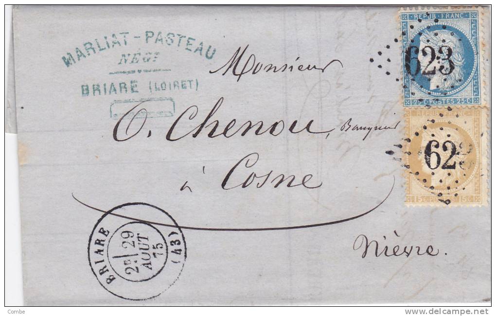 Loiret, 1875 Lettre, GC 623 BRIARE,Yv. 55-60 Pour Cosne/1712 - 1849-1876: Période Classique