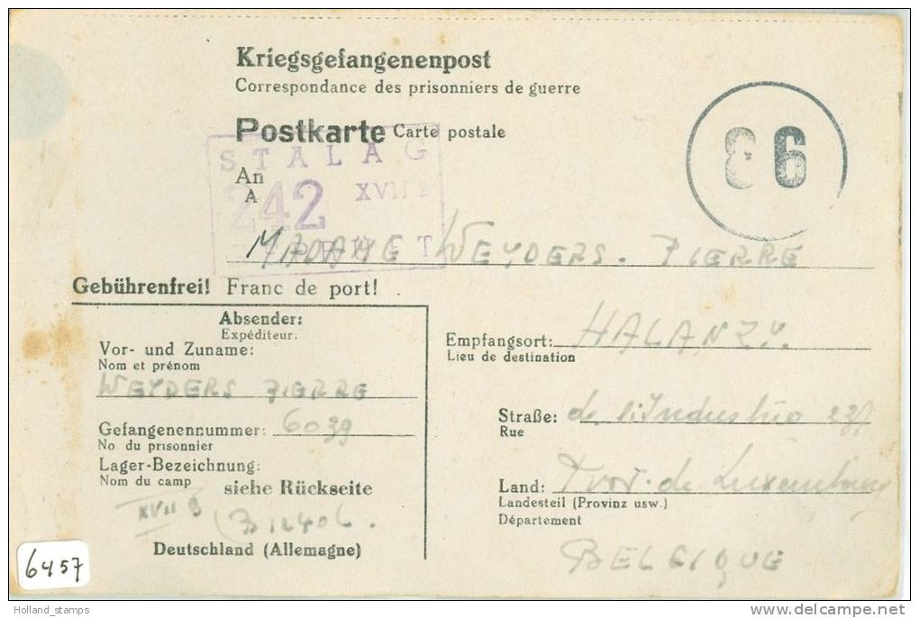 HANDGESCHREVEN KRIJGSGEVANGENEN BRIEF Uit 1944 KAMP STALAG  242 Naar BELGIE (6457b) - Covers & Documents