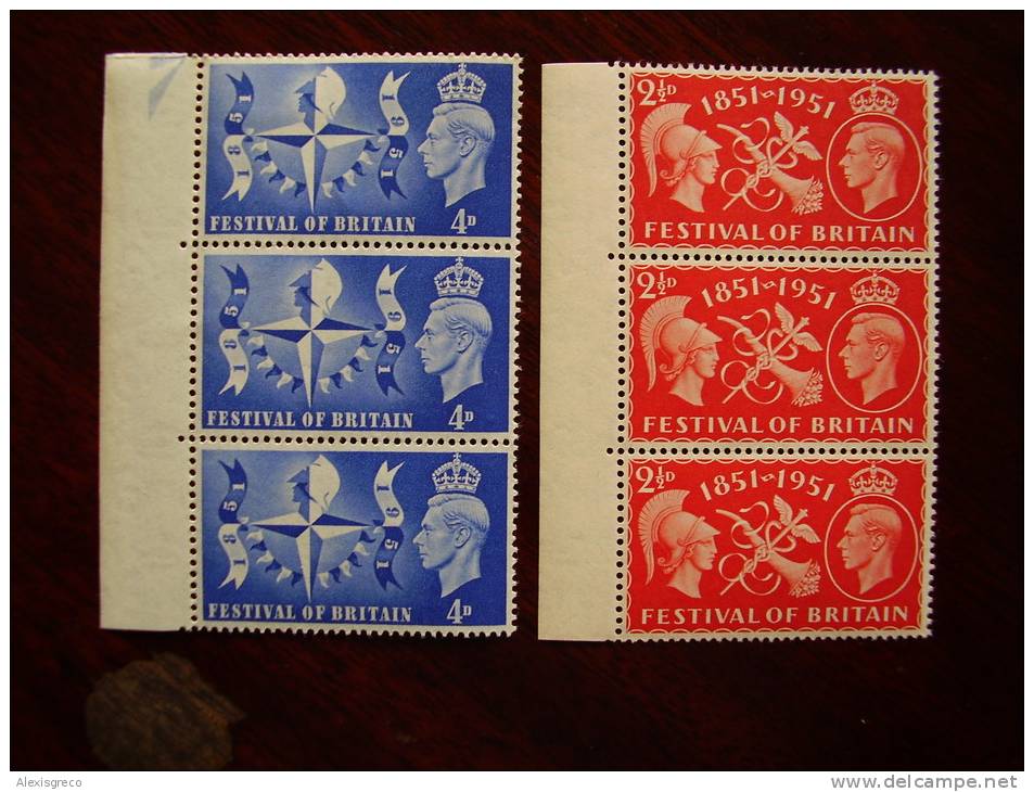 G.B. 1951  FESTIVAL OF BRITAIN Issue  2 1/2d & 4d MINT NEVER HINGED Strips Of THREE MARGINAL. - Unused Stamps