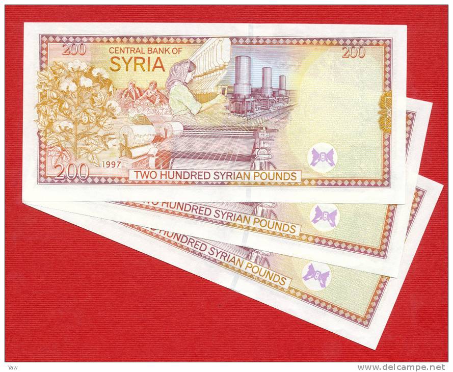 SYR 3 BANCONOTES SERIAL NUMBER X 200 POUNDS 1998, UNC - Siria