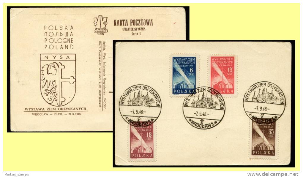 1948 Poland, Wroclaw Expo Philatelic Card Recovered Territory Full Set, Exhibition Cachet - Briefmarkenausstellungen