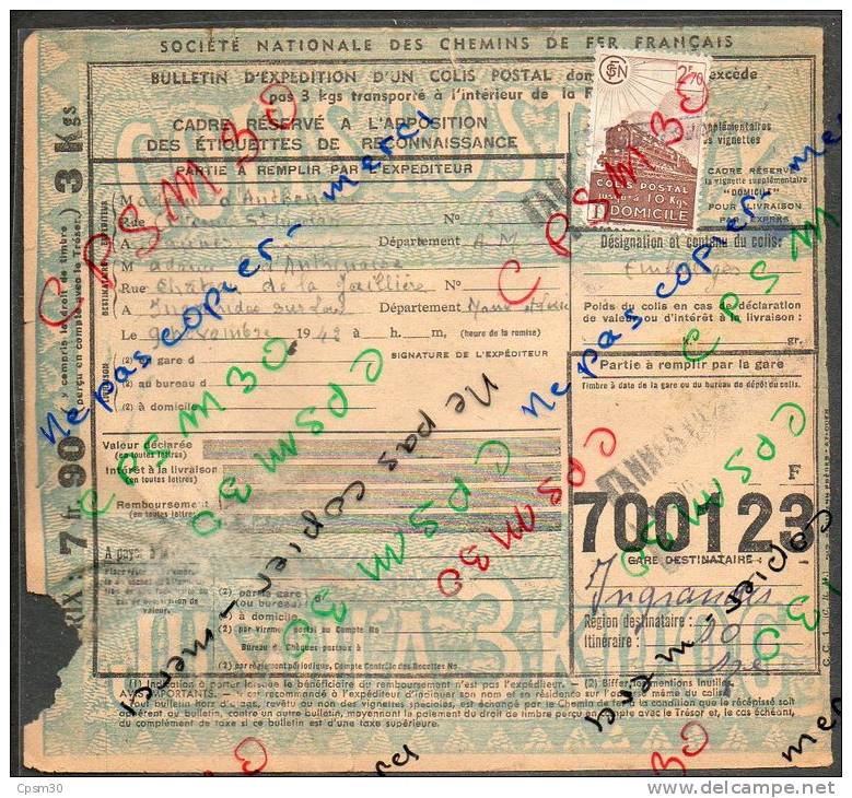 Colis Postaux Bulletin D&acute;expédition 7.90fr 3 K Avec Timbre 2.70 N° 700123 (cachet Gare S.N.C.F. Cannes) - Brieven & Documenten