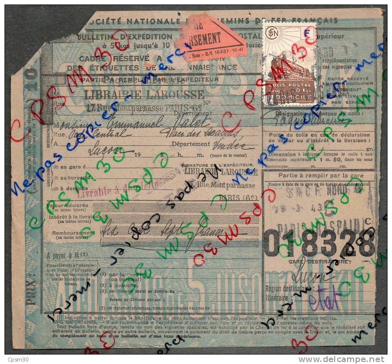 Colis Postaux Bulletin D&acute;expédition Timbre F Bleu 10 K N° 018328 (cachet Gare S.N.C.F. PARIS RASPAU) - Lettres & Documents