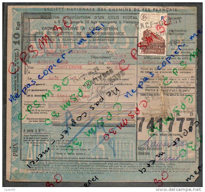 Colis Postaux Bulletin D&acute;expédition Timbre F Bleu 10 K N° 741777 (cachet Gare S.N.C.F. EVREUX EMBT Et SAUMUR RD GV - Briefe U. Dokumente