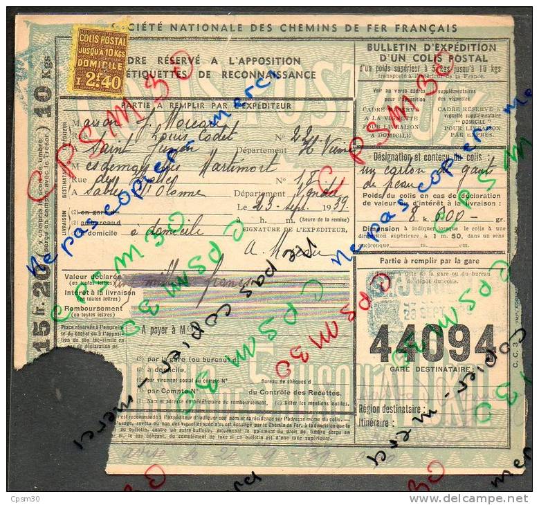 Colis Postaux Bulletin D´expédition (15.20fr 10kg) Avec Timbre 2.40fr - N° 44094 Cachet De Gare S.N.C.F. St JUNIEN PO - Brieven & Documenten