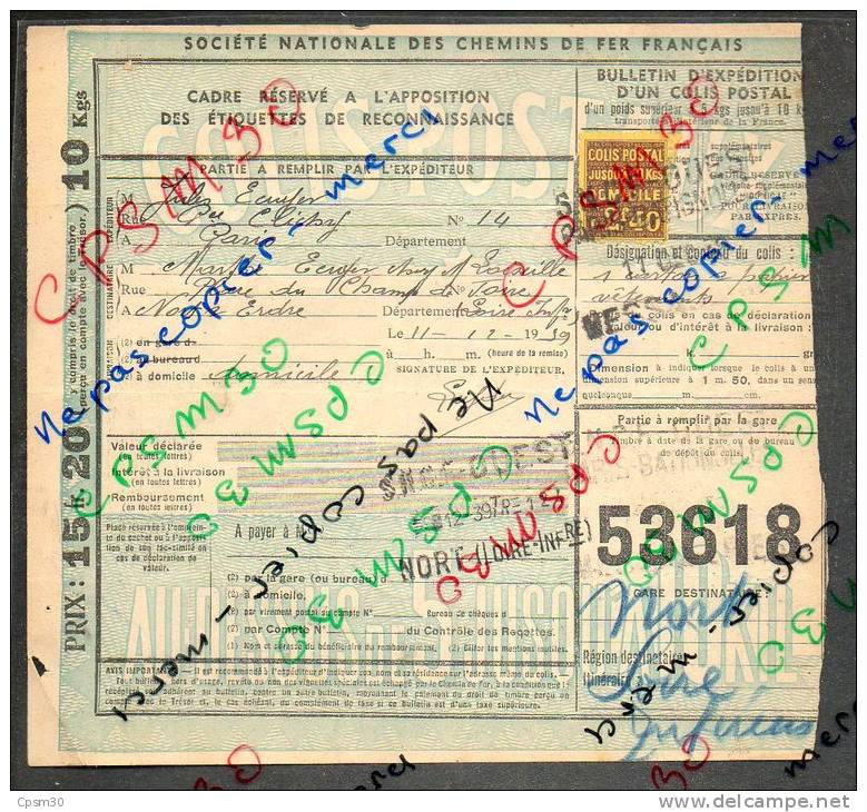 Colis Postaux Bulletin D´expédition 15.20fr Timbre 2.40fr N° 53618 Cachet Gare S.N.C.F. PARIS BATIGNOLES Et NORT 44 - Brieven & Documenten