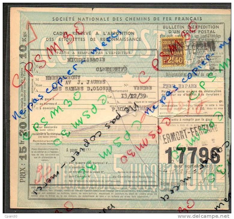 Colis Postaux Bulletin D´expédition 15.20fr Timbre 2.40fr N° 17796 Cachet Gare S.N.C.F. CLERMONT-FERRAND Exp MICHELIN - Lettres & Documents