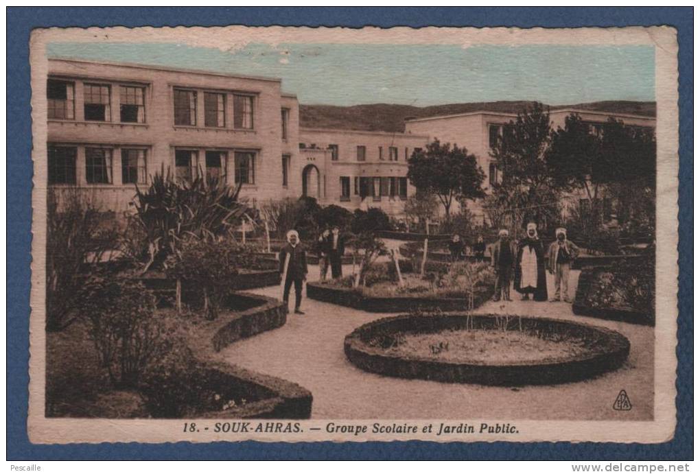 ALGERIE CP ANIMEE SOUK AHRAS - GROUPE SCOLAIRE ET JARDIN PUBLIC - EDITIONS PHOTO AFRICAINES ALGER N° 18 - Souk Ahras