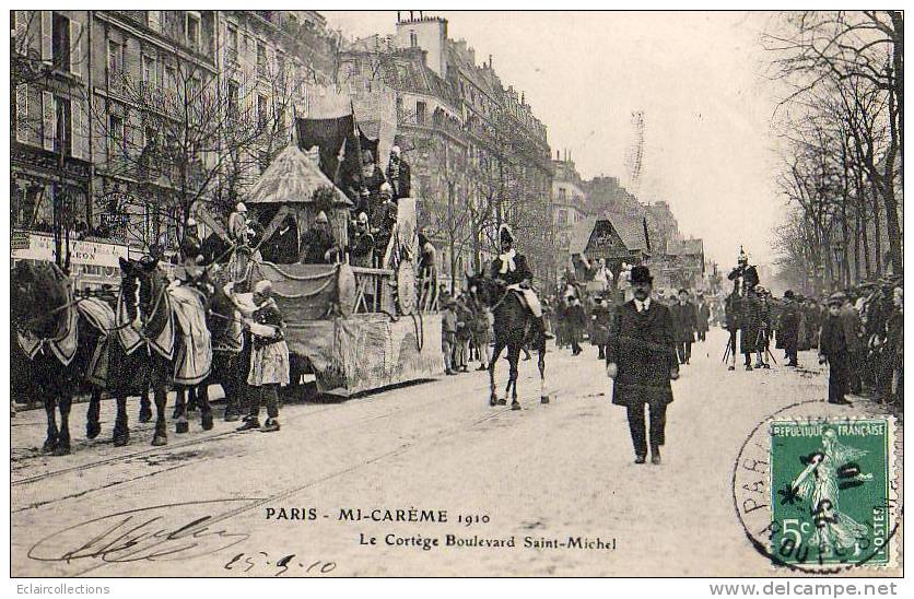 Paris 75  Fêtes De La Mi-Carême 1910    Le Cortège  Boulevard Saint Michel - Sets And Collections