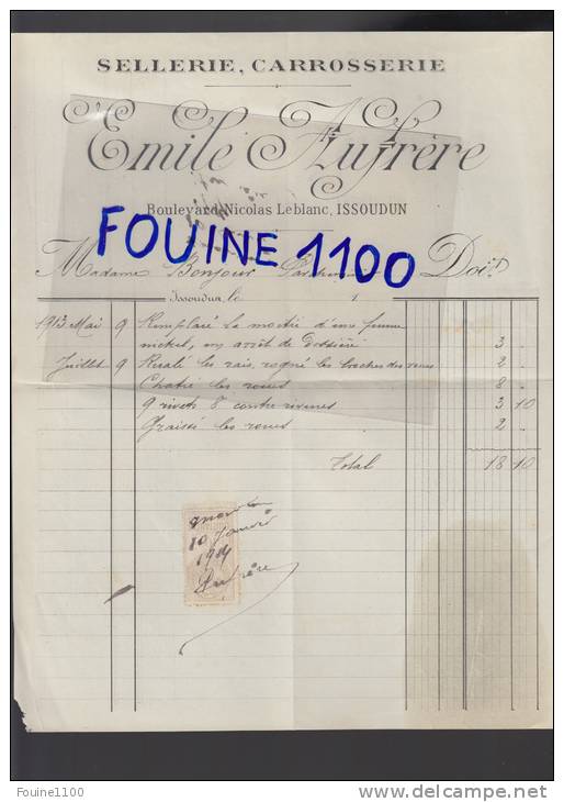 Facture Sellerie Carrosserie émile AUFRERE Boulevard Nicolas Leblanc  à ISSOUDUN ( 36 Indre ) - 1900 – 1949