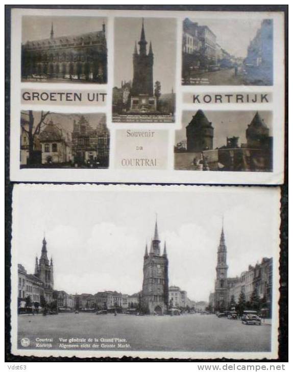 2 X KORTRIJK  Algemeen Zicht Groote Markt 1938 + Groeten Uit 1940 Multivues - Vue Générale Grand Place + Souvenir De - Kortrijk