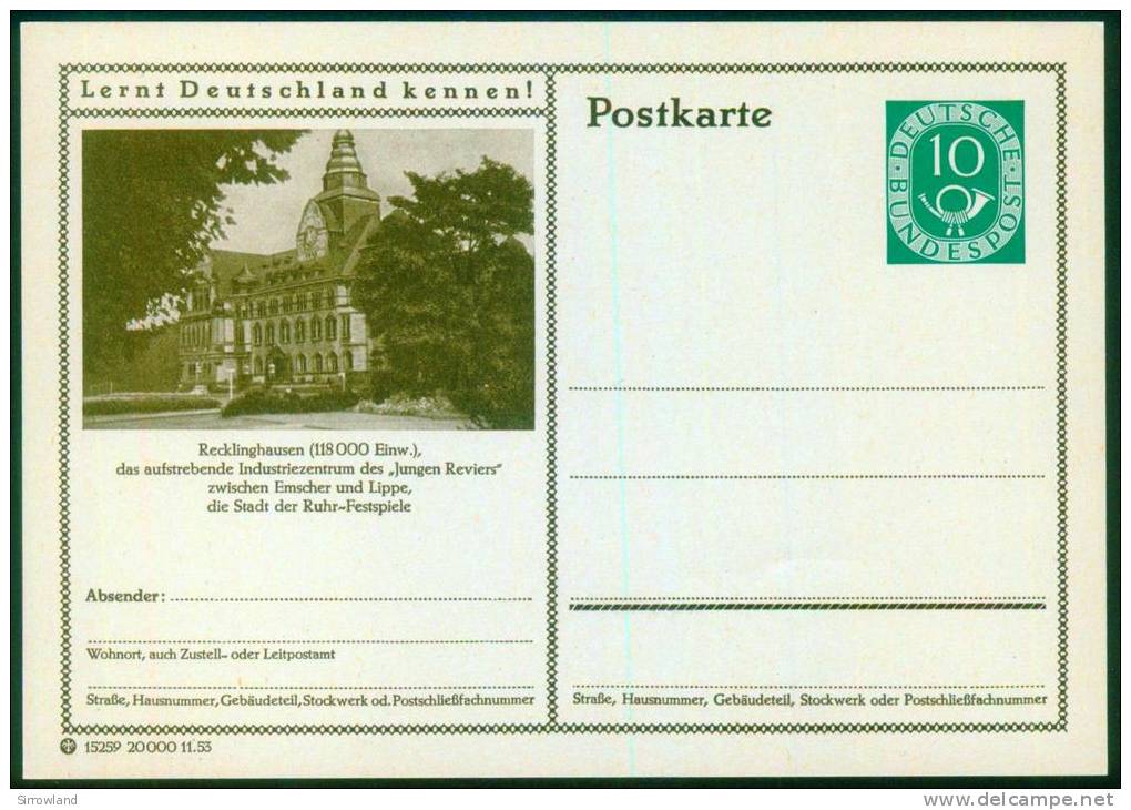 Bund BPK  1953  Mi: P 17  14-071  Recklinghausen - Rathaus - Illustrated Postcards - Mint