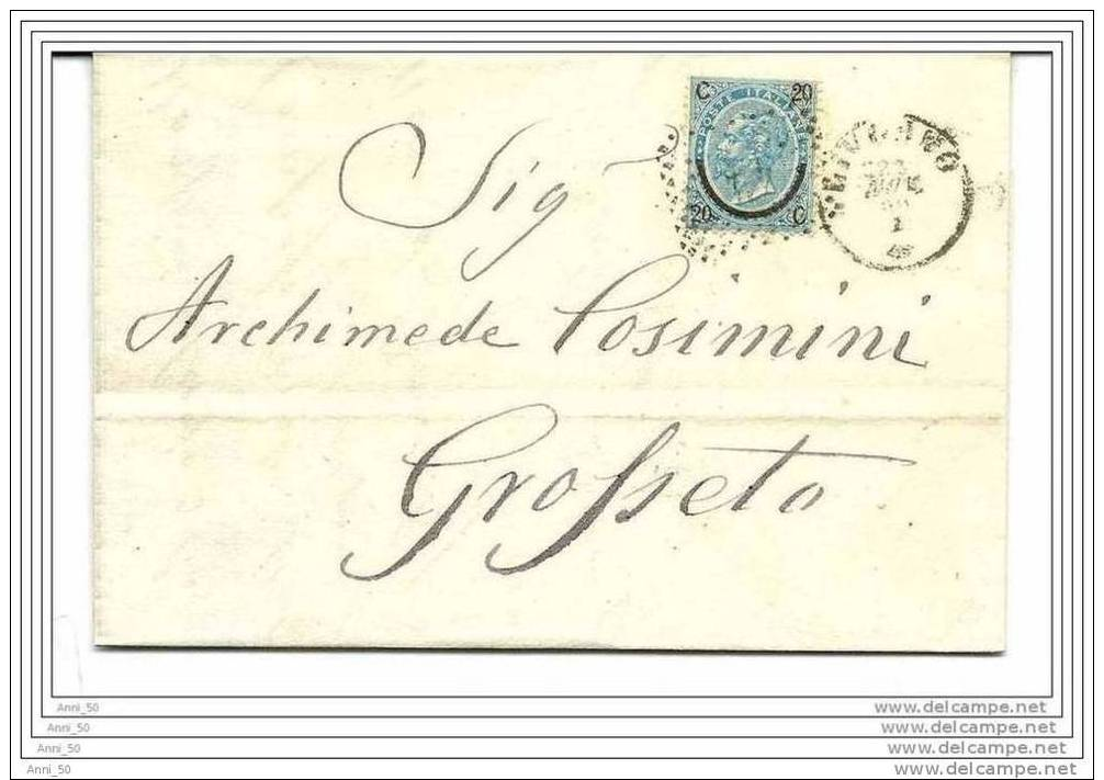 LOTTO LOT  20 CENTESIMI FERRO DI CAVALLO II TIPO LIVORNO PER GROSSETO 22 NOVEMBRE 1866 - Storia Postale