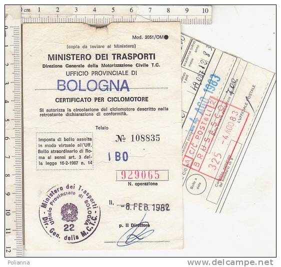 PO6632B# CERTIFICATO MINISTERO TRASPORTI BOLOGNA PER CICLOMOTORE BETA L BETAMOTOR 1982 - Motos