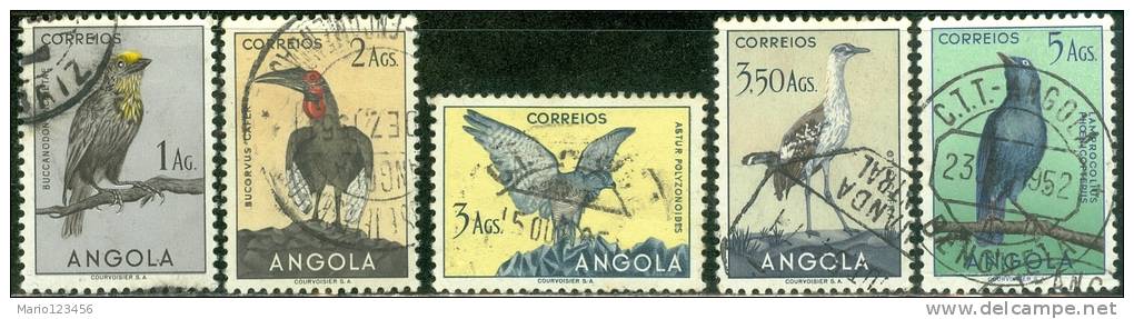 ANGOLA, 1951, UCCELLI, BIRDS, FRANCOBOLLO NUOVO (MLH*), Scott 338,340,342,343,346 - Angola