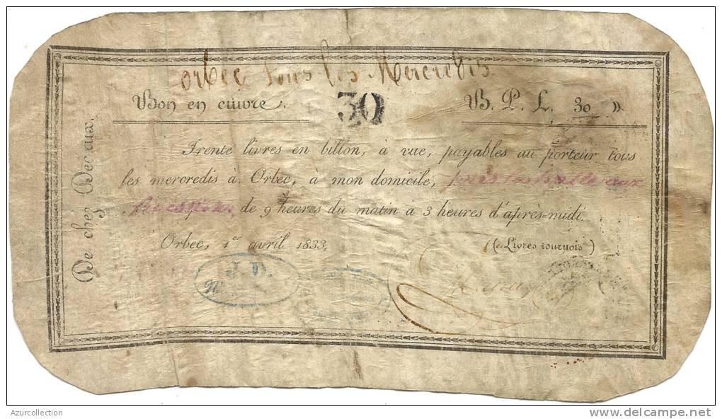 BON EN CUIVRE PAYABLE A ORBEC . 1833 . EN PARCHEMIN - Otros & Sin Clasificación