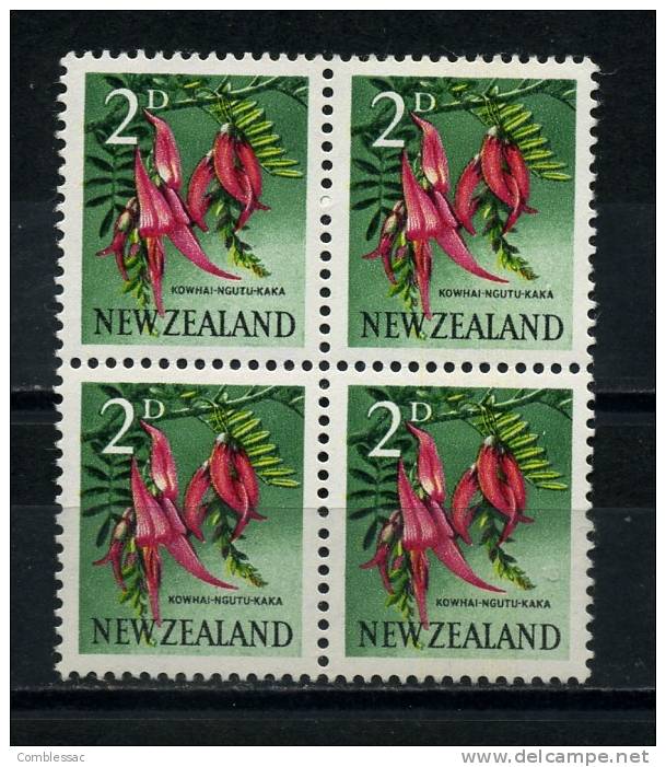 NEW  ZEALAND   1960     KOWHAI  NGUTU  2d  Carmine  Black  Yellow  And  Green    Block  Of  4    MH - Ungebraucht