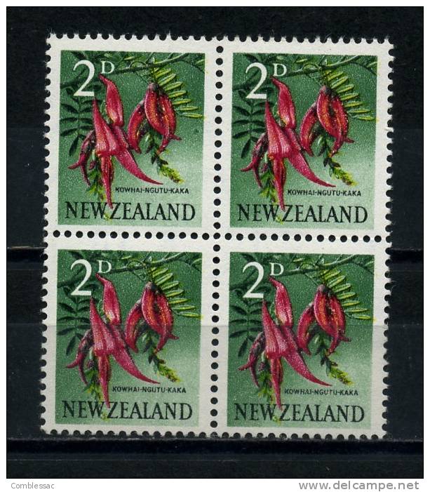 NEW  ZEALAND   1960     KOWHAI  NGUTU  2d  Carmine  Black  Yellow  And  Green    Block  Of  4    MH - Ungebraucht