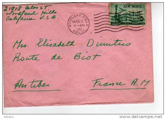 Enveloppe Partie De WOODLAND HILLS Californie En 1952 Pour La France (scan Recto Et Verso) - Postal History