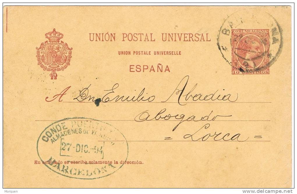 0055. Entero Postal Alfonso XIII , BARCELONA 1894, Num 31B º - 1850-1931