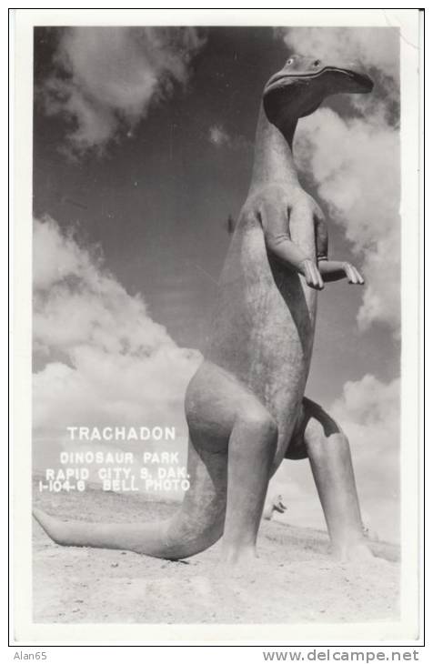 Rapid City SD South Dakota, Dinosaur Park Trachadon Statue, C1940s Vintage Real Photo Postcard - Rapid City