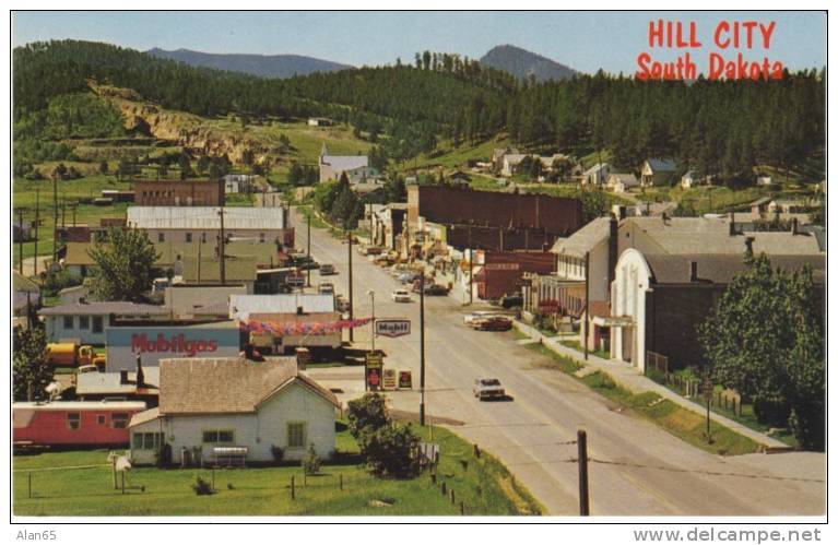 Hill City SD South Dakota, Street Scene, Auto, Mobil Gas Staion, C1960s/70s Vintage Postcard - Other & Unclassified