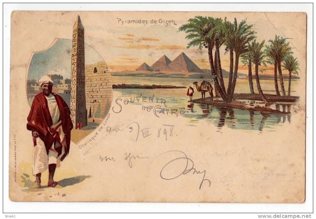 AFRICA EGYPT CAIRO PYRAMIDS OF GIZA AND OBELISK OF LUXOR LITHOGRAPHY OLD POSTCARD - Cairo